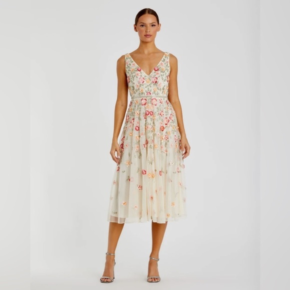 Mac Duggal 5527 NWT V-neck Sleeveless Midi Floral Beaded A-line Dress - Picture 1 of 7